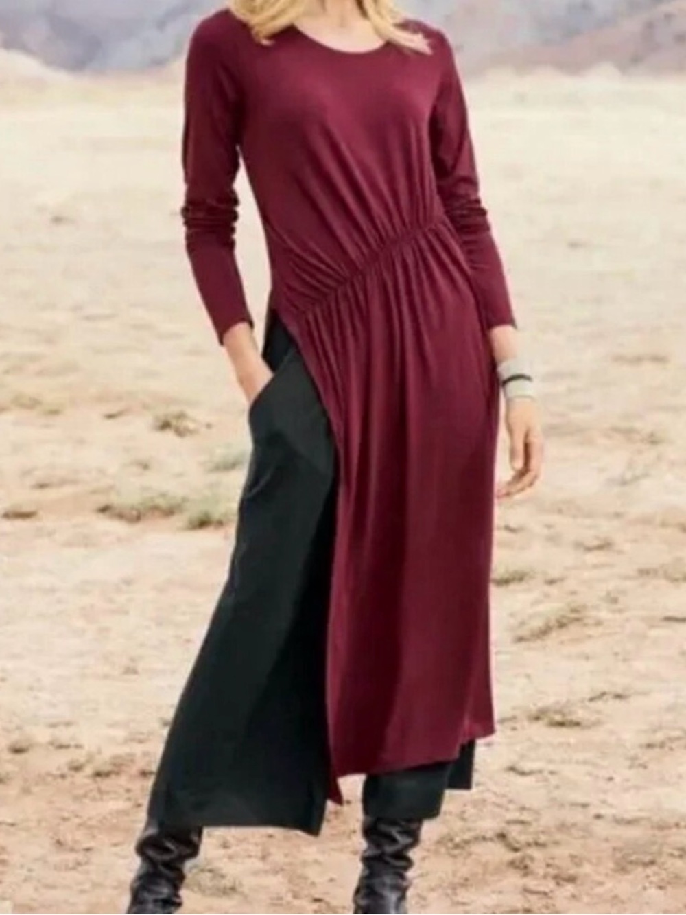 Peruvian Connection Burgundy Long-Sleeve Twist-Waist Maxi Dress